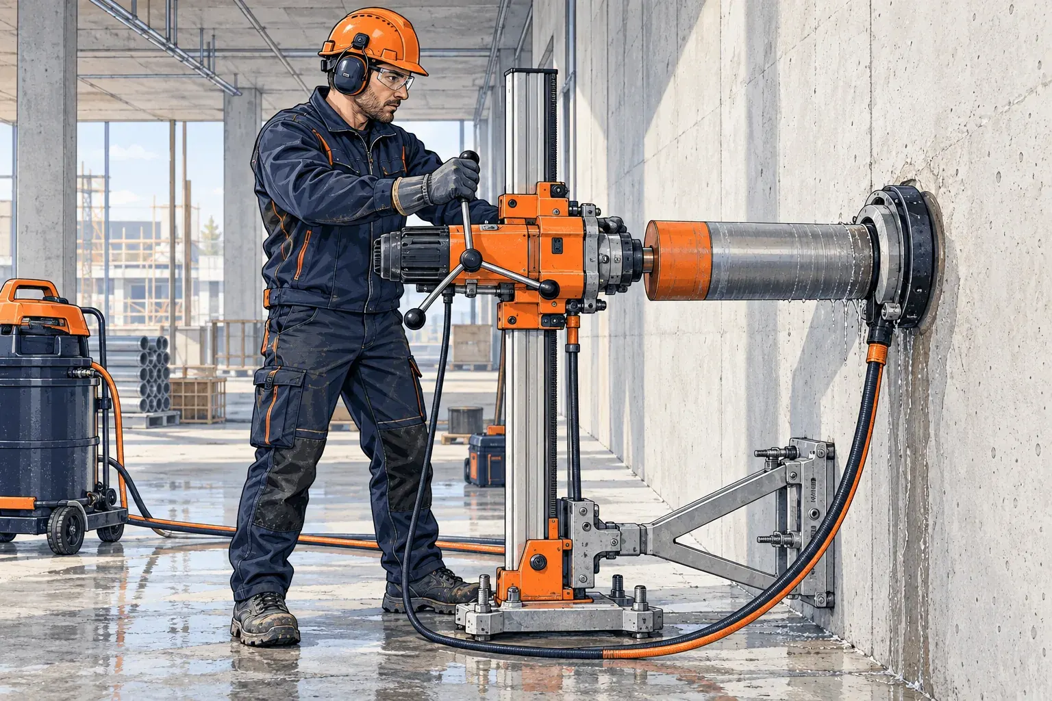 Illustratie van een betonboorder met diamantboor en wateropvang